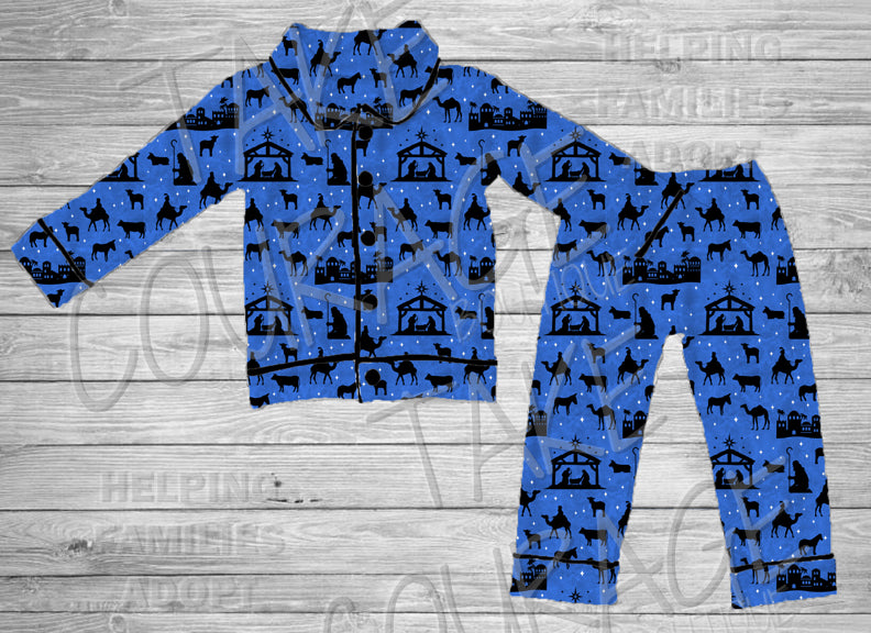 LET US ADORE HIM - Blue Nativity Family Loungewear - KIDS - TCB Custom PREORDER