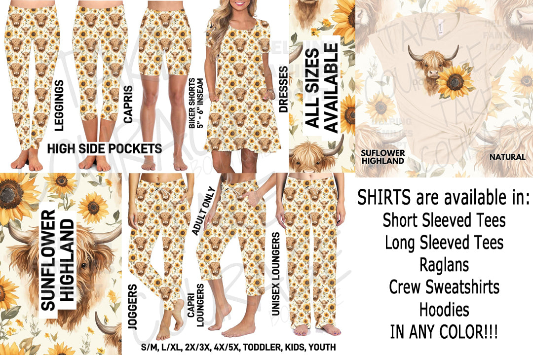 SUNFLOWER HIGHLAND - Joggers, Leggings, Shorts, Dresses, Tees, Hoodies & Sweatshirts - BATCH 274 PREORDER